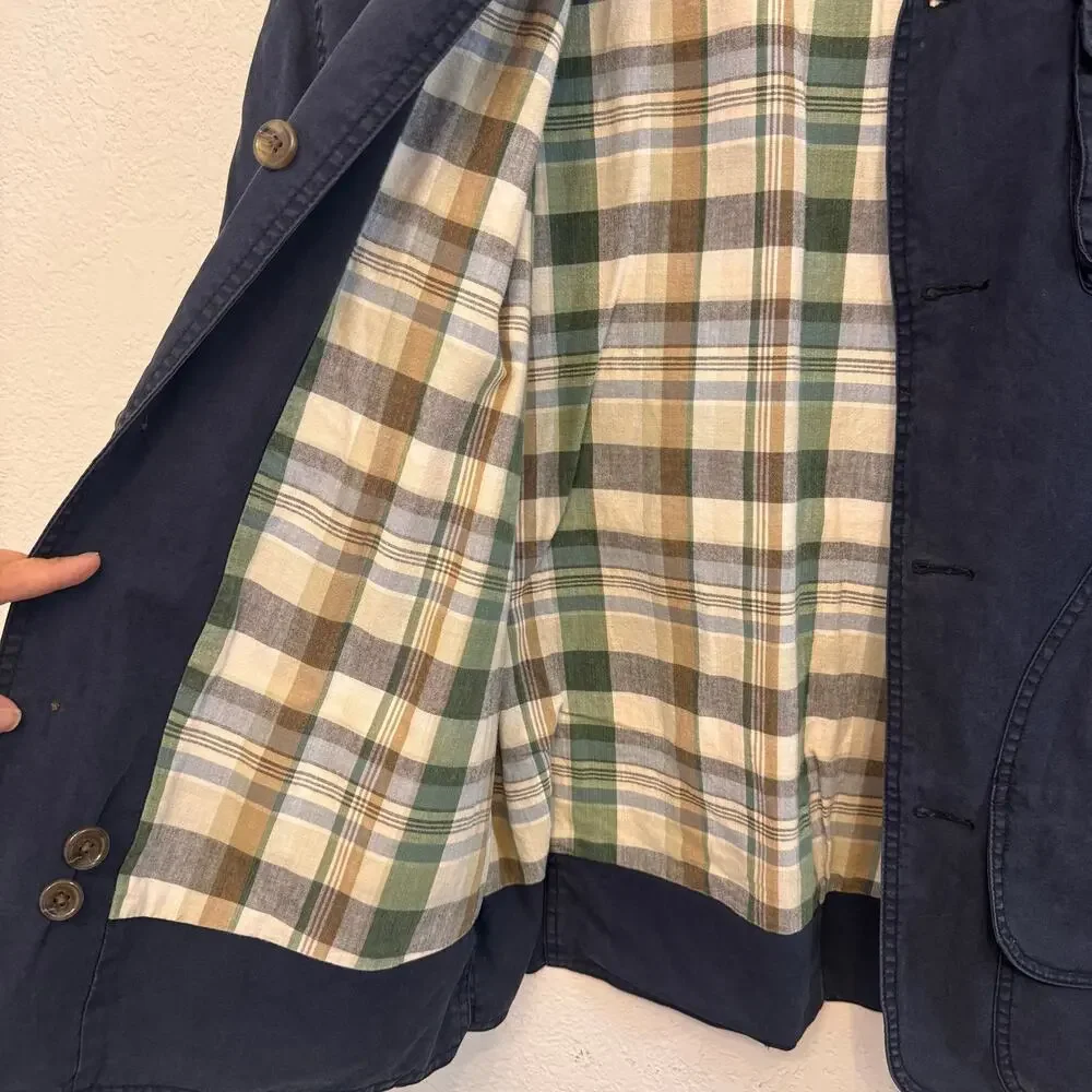 VTG Banana Republic Leather Collared Plaid Lined Chore Jacket Blue MED Utility